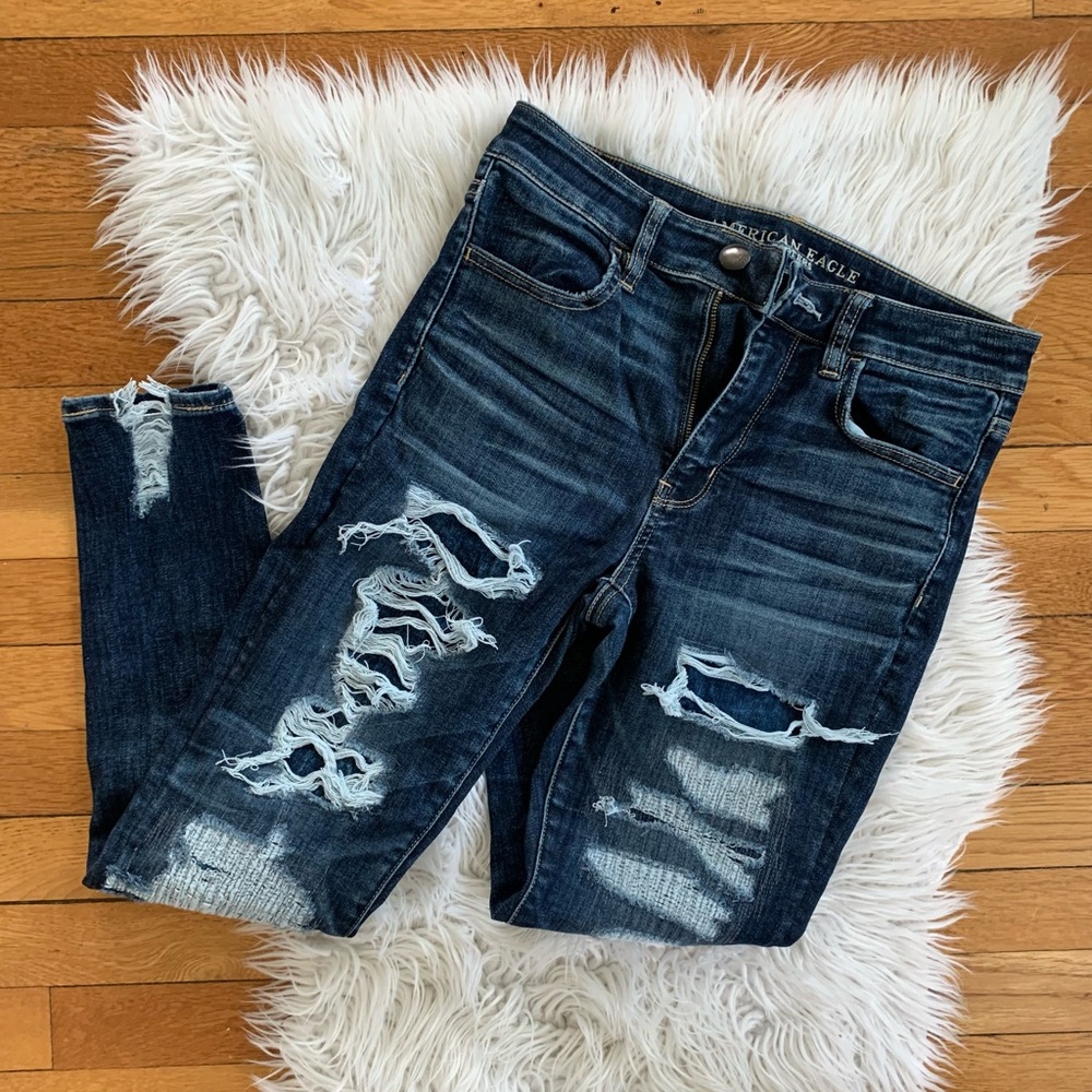 American Eagle Outfitters Women's Ripped Dark Blue Hi Rise Jeggings